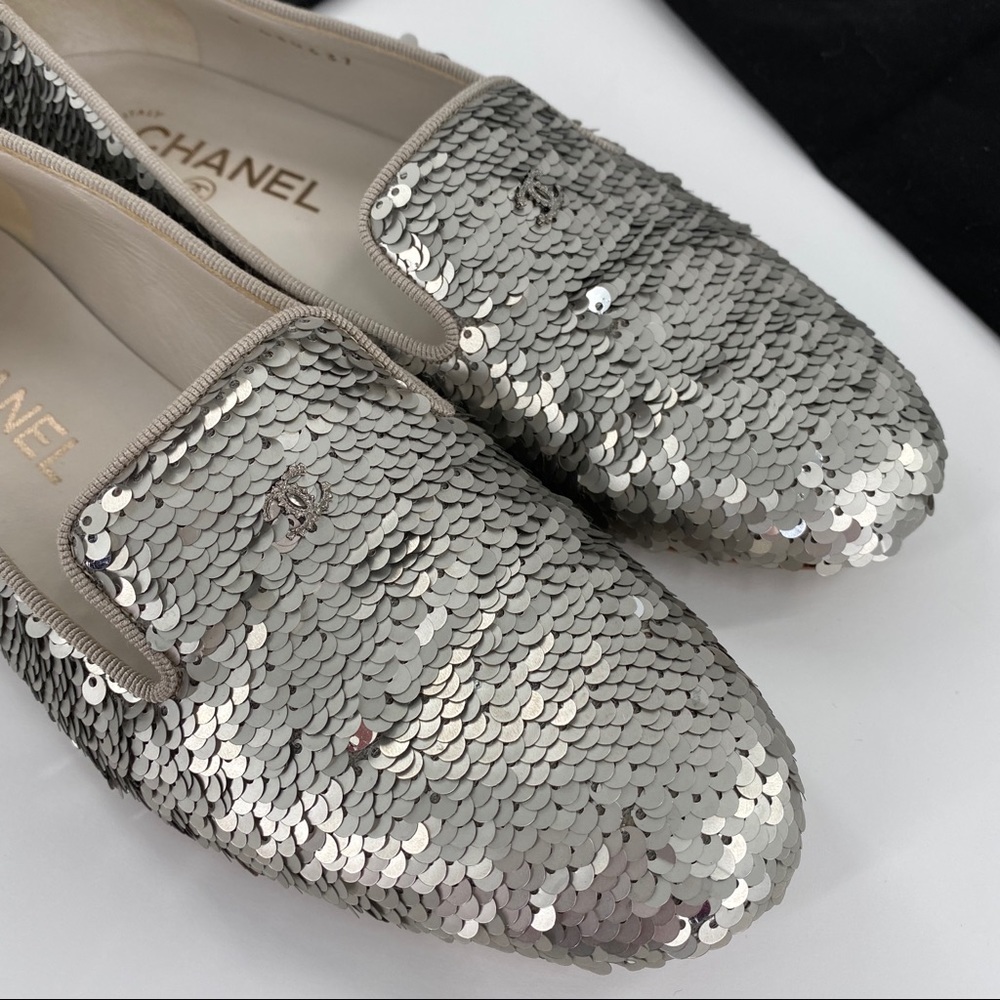 CHANEL | Silver Sequin Loafers Slippers Flats - Picture 12 of 12